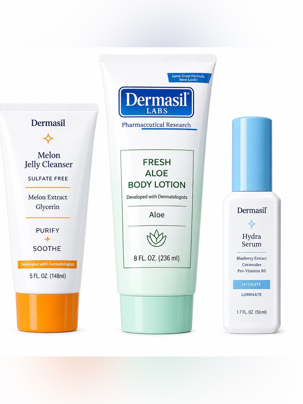 Dermasil Labs 3 Piece  Set | Melon Jelly Cleanser,Fresh Aloe Body Lotion & Serum